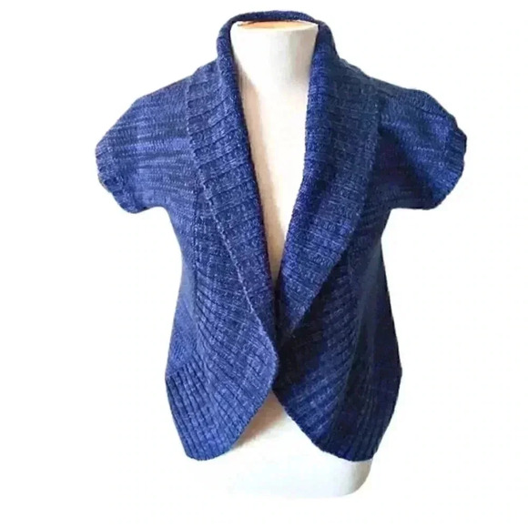 SAY What? Blue & Black Heather Short Sleeve Open Front Cardigan Sweater - Picture 1 of 5